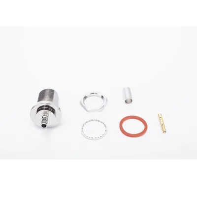 Conector RF Coaxial / N Hembra Hermético / Montaje Frontal Panel 2D Plano / Anillo Plegable RG-58/U / Cuerpo Bronce Niquelado / Contacto Oro / Aislante Teflón