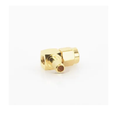 Conector SMA Macho Inverso / Ángulo Recto / Anillo Plegable / Cables RG-58/U y RG-142/U / Cuerpo Bronce Oro / Aislante Teflón