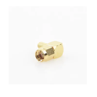 Conector SMA Macho Inverso / Ángulo Recto / Anillo Plegable / Cables RG-58/U y RG-142/U / Cuerpo Bronce Oro / Aislante Teflón