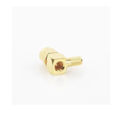 Conector SMA Macho Inverso / Ángulo Recto / Anillo Plegable / Cables RG-58/U y RG-142/U / Cuerpo Bronce Oro / Aislante Teflón