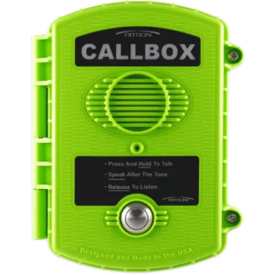 Callbox Inalámbrico UHF / Frecuencia 450-470 MHz / Gabinete IP57 Policarbonato / Alimentación Baterías D o Externa / Antena Interna Ajustable / Botón PTT Antivandálico