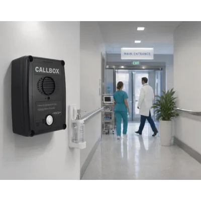 Callbox Inalámbrico UHF / 450-470 MHz / Gabinete de Policarbonato Resistente / PTT Antivandálico / Grabación de Mensajes / Uso en Exteriores