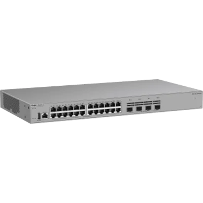 Switch Ethernet de Acceso 1000 Mbps / 24 Puertos RJ45 10/100/1000BASE-T / 4 Puertos SFP+ 1GE/2.5GE/10GE / Capacidad 128 Gbps / Enrutamiento Layer 3 / VSU / Diseño Sin Ventilador / 1 RU / Línea Cybrey