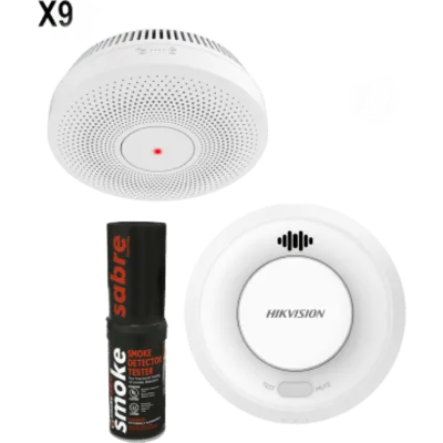 Kit de Detección de Humo / 9 Detectores Interlink + Hub Wi-Fi / Interconectable 30 Dispositivos / Batería 10 Años / Alarma 85 dB / Probador SABRE Incluido / Hik-Connect