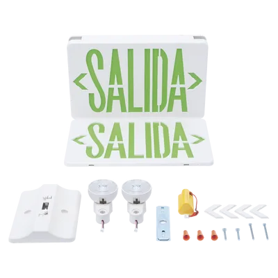 Letrero de Emergencia LED / Dual Salida y Luz de Emergencia / Montaje Universal Pared-Lateral-Techo / Doble Voltaje 120-277 VAC / Batería 6V 4.5Ah / Consumo 3W