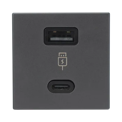 Módulo Doble USB Tipo A+C / Carga Rápida 30W / Color Negro / 45x45 mm / Compatible Torres y Cajas K45