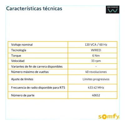 Motor Tubular Mecánico / 4 Hilos / 120 VCA / Tubo 50 mm / Persiana hasta 3 m (9.8 ft) ancho / 4 m (13.1 ft) alto / 33-60 rpm / 49 dB
