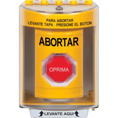 Botón de Abortar, Texto en Español, Tapa Protectora de Policarbonato Súper Resistente, Momentáneo