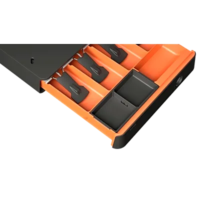 Cajón de Efectivo Compacto / ABS de Alta Resistencia / 3 Posiciones de Bloqueo / Voltaje Autoajustable 9V-28V / 1,000,000+ Operaciones / Carga 10 kg / Ruido