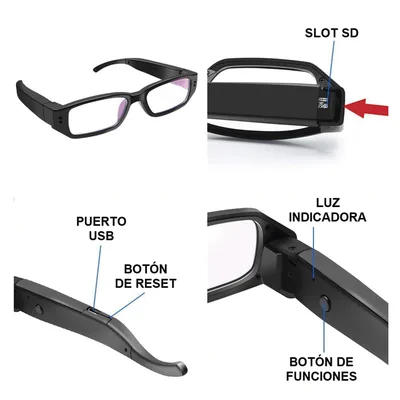 Cámara Oculta en Lentes (Spyce Camera) / Resolución 2 Megapixel (1080P) / Memoria de 8GB / Grabación de Audio y Vídeo / Captura de Fotografías