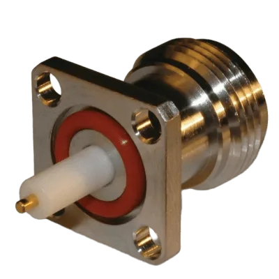 Conector RF / N Hembra / Soldable / Chasis 4 perforaciones / 18 mm / Bronce plateado / Contacto oro