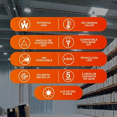 Foco LED de Alta Potencia 40 W / 3 600 lm / 6 500 K Luz de Día / Base E27 / Ángulo de Iluminación 200° / IRC 80 / No Atenuable / Vida 15 000 h