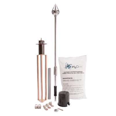 Kit Pararrayo con Avance de Cebado / 60 m (196.9 ft) / Punta Acero Inoxidable / Resistencia < 2 Ohm / 100 A / Compuesto H2OHM Certificado