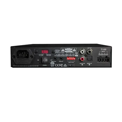 Amplificador Clase D / 2 Canales / 100W @ 8Ω / 150W @ 4Ω / Salida Subwoofer / Control IR / Voltaje Dual 110-240 VCA / Salidas en Bucle