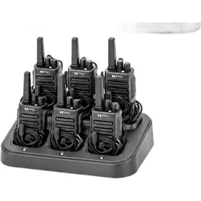 Kit de 6 Radios Portátiles UHF / 16 Canales / Frecuencia 400-470 MHz / Potencia RF 5 W / Batería 2500 mAh / Multicargador incluido / Accesorio de audio
