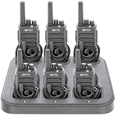 Kit de 6 Radios Portátiles UHF / 16 Canales / Frecuencia 400-470 MHz / Potencia RF 5 W / Batería 2500 mAh / Multicargador incluido / Accesorio de audio