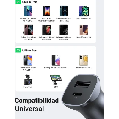 Cargador de Auto / 24 W / Dual Puerto USB-A y USB-C / PD 3.0 + QC 3.0 / 12-24 VCD / Aluminio