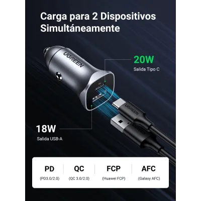 Cargador de Auto / 24 W / Dual Puerto USB-A y USB-C / PD 3.0 + QC 3.0 / 12-24 VCD / Aluminio