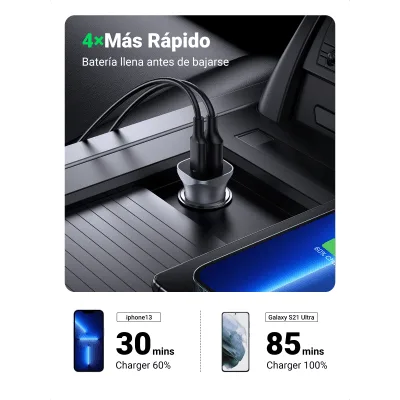 Cargador de Auto / 24 W / Dual Puerto USB-A y USB-C / PD 3.0 + QC 3.0 / 12-24 VCD / Aluminio