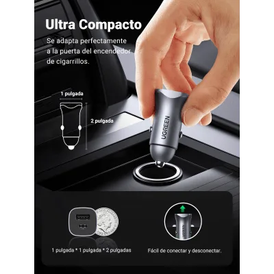 Cargador de Auto / 24 W / Dual Puerto USB-A y USB-C / PD 3.0 + QC 3.0 / 12-24 VCD / Aluminio