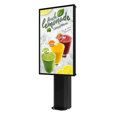 Kiosco exterior para pantalla 55" / IP65 / UL 48 / Base pedestal 8' / Rotación 30° / Diseño ultradelgado