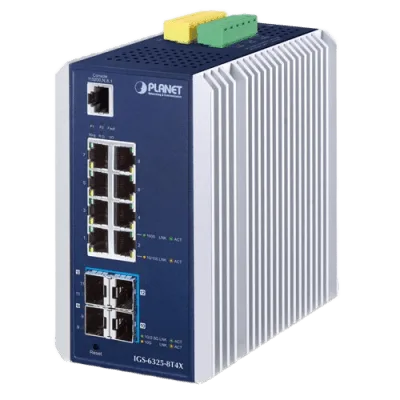 Switch Industrial Capa 3 / 8 Puertos Gigabit / 4 Puertos SFP+ 10G / -40 a 75°C / 136 Gbps / IP30